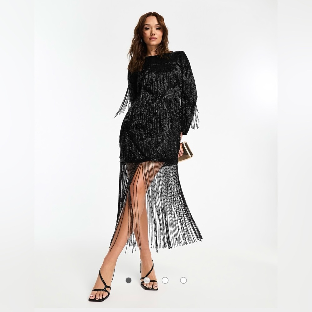 ASOS DESIGN embellished fringe beaded mini dress with beaded hem in black